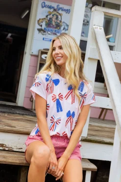 Light Pink Red, White & Blue Scattered Bow Tee