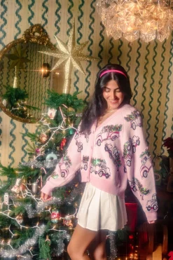 Light Pink Trucks With Christmas Tree Cardigan