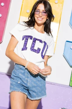 Light Wash Denim Clear Rhinestone Queen Short