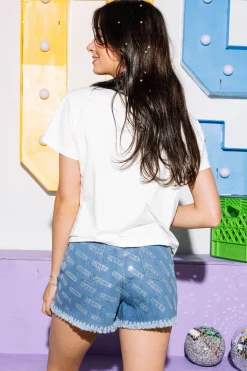 Light Wash Denim Clear Rhinestone Queen Short