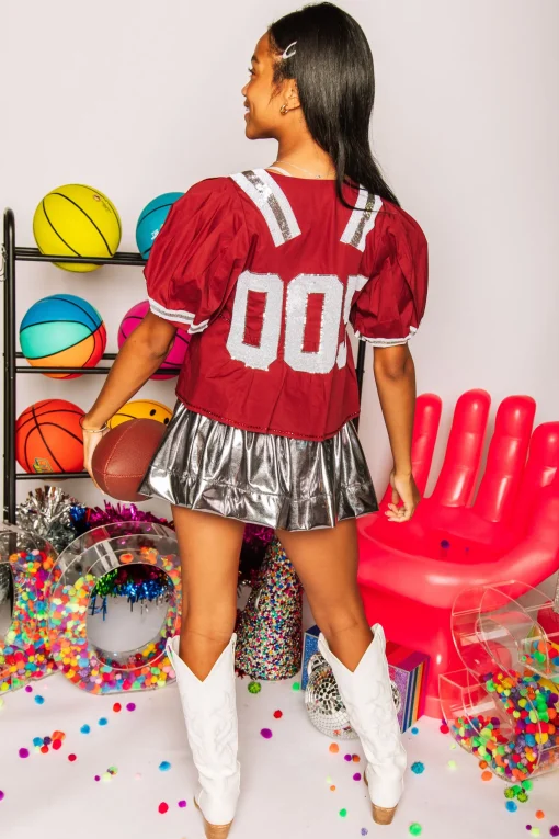 Maroon & SIlver QOS Jersey Peplum Top