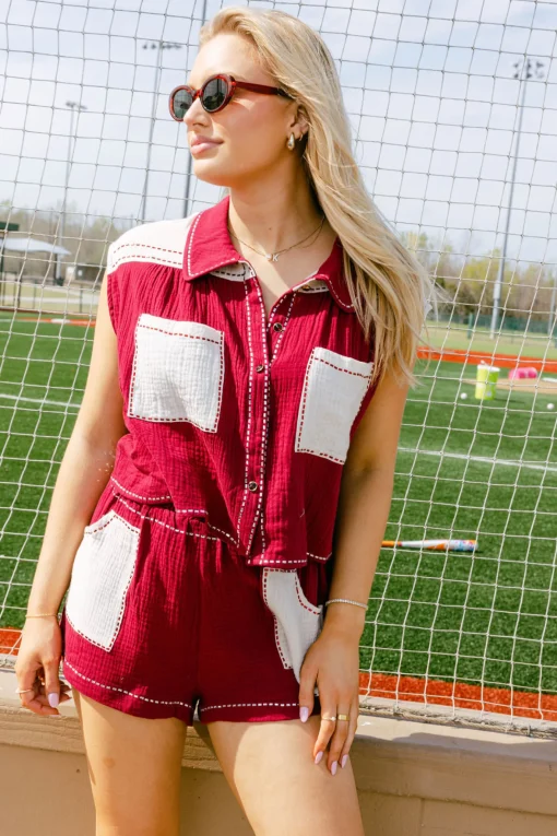 Maroon & White Gauze Short