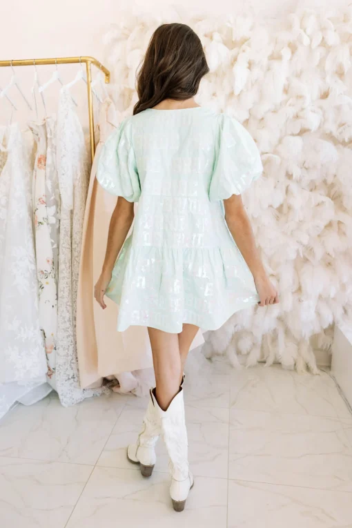 Mint Bride All Over Poof Sleeve Dress
