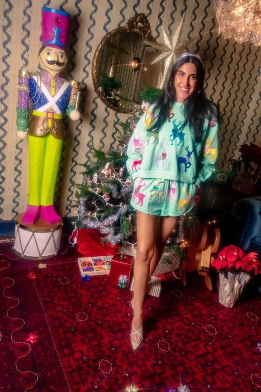 Mint Green Sweatshirt With Velvet Reindeers & Bows