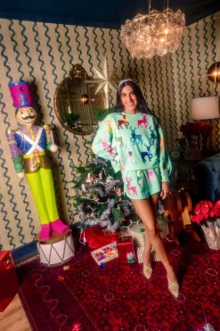 Mint Green Sweatshirt With Velvet Reindeers & Bows