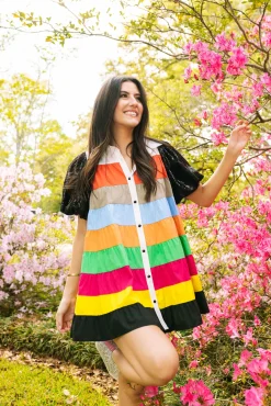 Multi Color Tier Black Sequin Poof Sleeve Dress