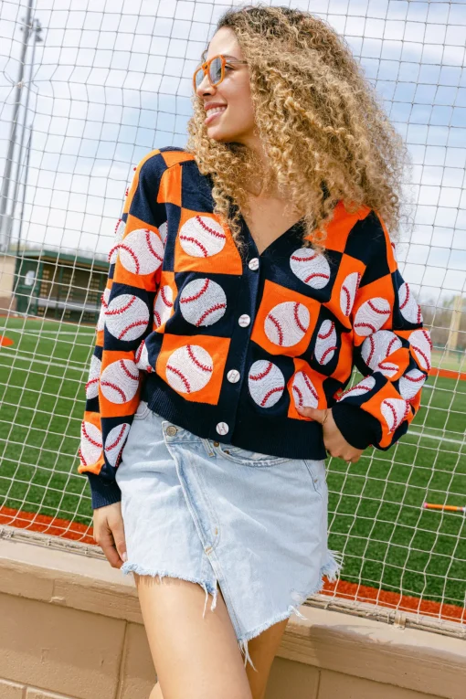 Navy & Orange Checkered Baseball Cardigan