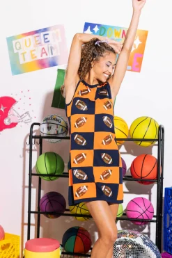 Navy & Orange Football Checkered Dress