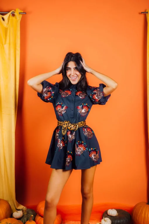 Navy Beaded Turkey All Over Cotton Dress