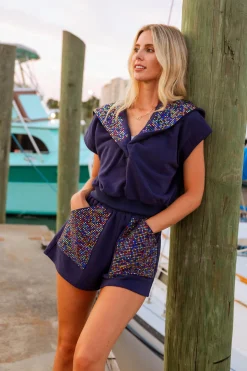 Navy Button Multi Rhinestone Collar Top