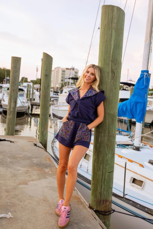 Navy Button Multi Rhinestone Collar Top