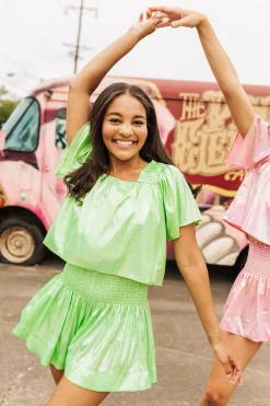 Neon Green Holo Stripe Flutter Top