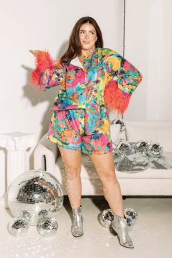 Neon Pink Abstract Feather PJ Top