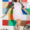 Pale Pink Floral Sequin Poof Sleeve Dress