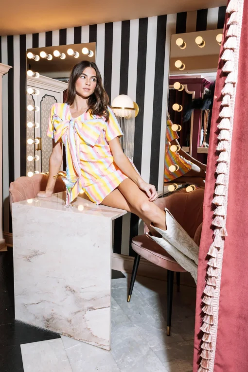 Pastel Sequin Stripe Bow Front Dress