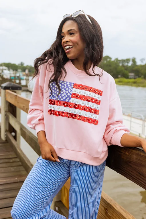 Pink Flower American Flag Sweatshirt