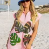 Pink Monstera Zip Up Collar Dress