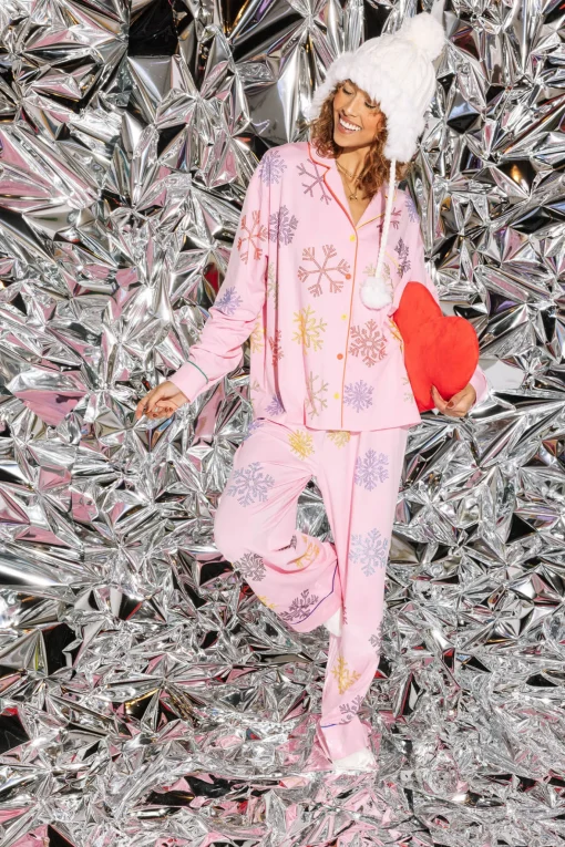 Pink With Rainbow Snowflakes Long Sleeve Pajama Top