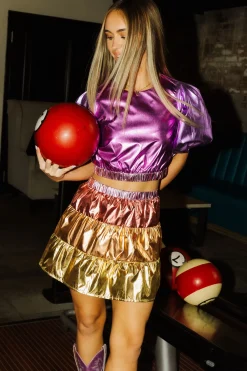Pink/Purple Metallic Puff Sleeve Crop