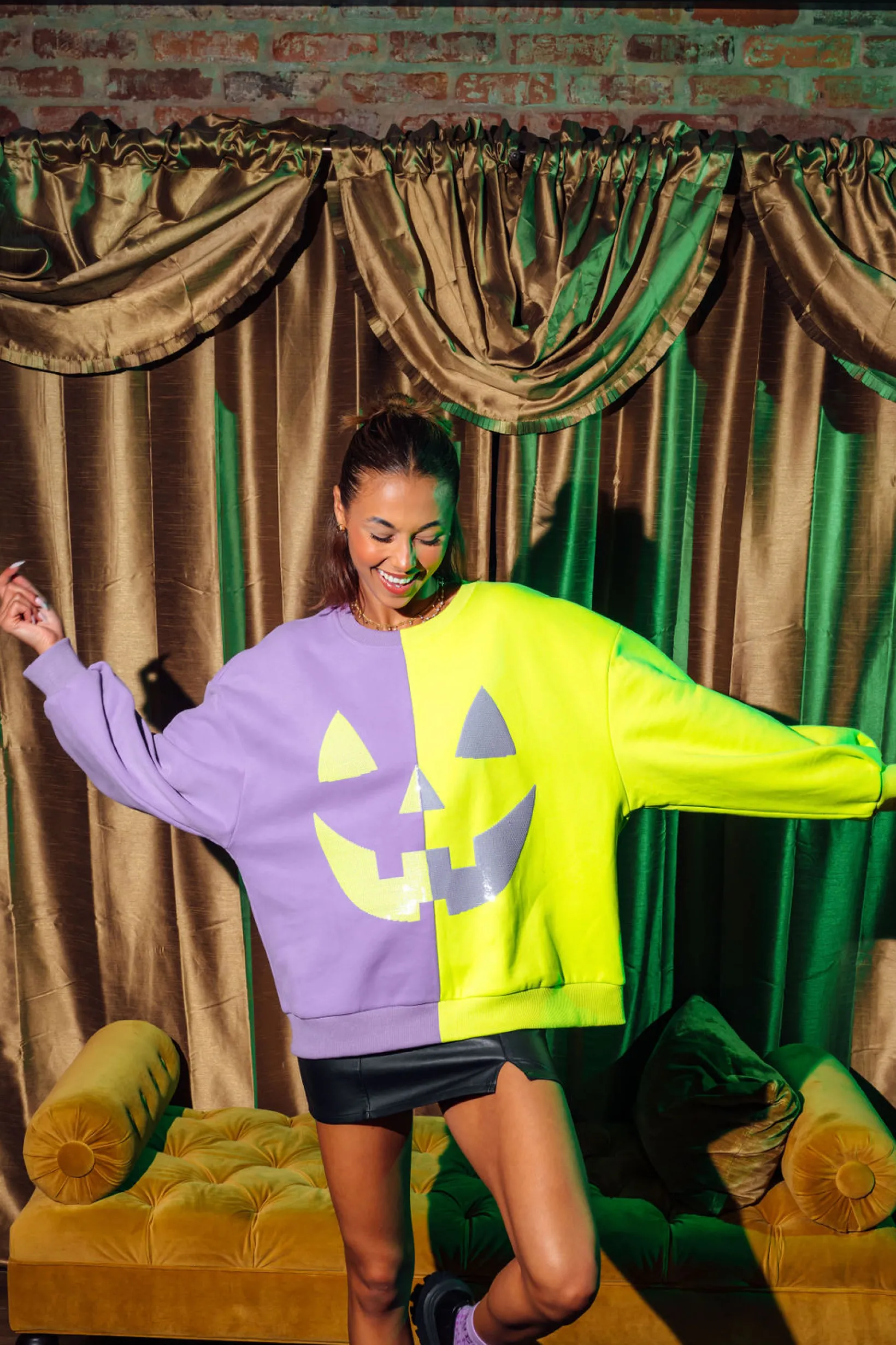 Purple & Neon Green Split Pumpkin Face Sweatshirt