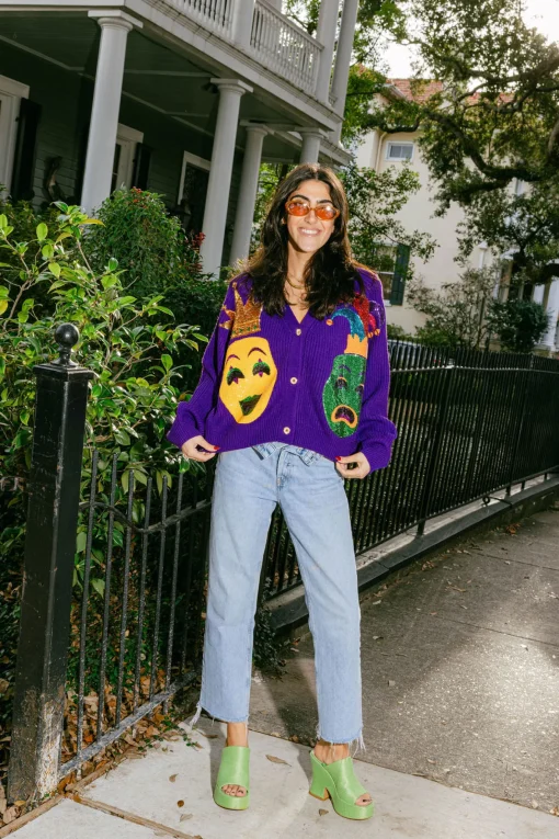 Purple Mardi Gras Mask Cardigan