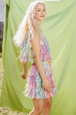 Rainbow Leather Fringe Rhinestone Top