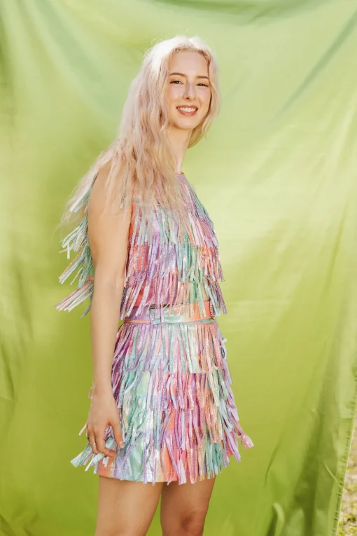 Rainbow Leather Fringe Rhinestone Top