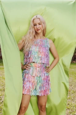 Rainbow Leather Fringe Rhinestone Top