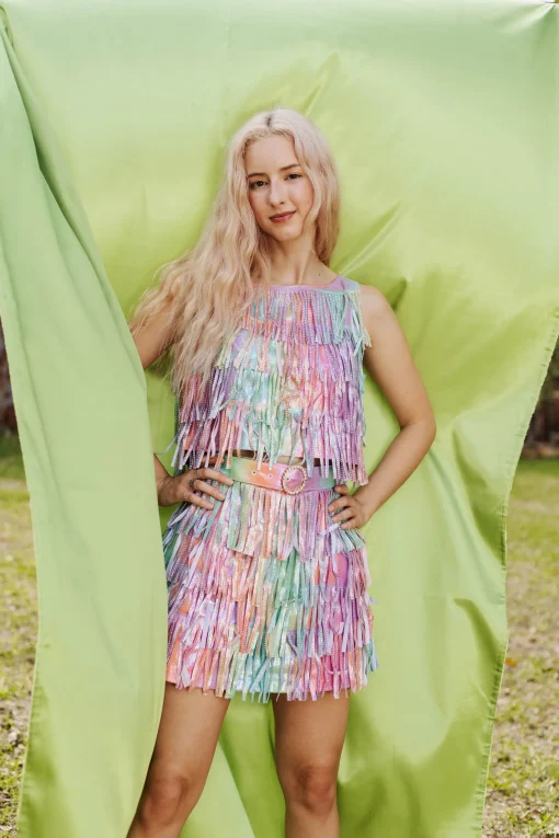 Rainbow Leather Fringe Rhinestone Top