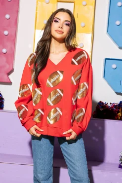 Red & Gold Rhinestone Lace Football Sweatshirt