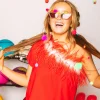 Red & White One Shoulder Feather Tee