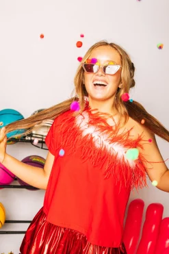 Red & White One Shoulder Feather Tee