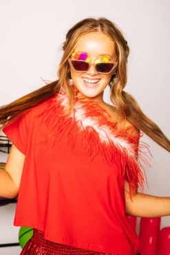 Red & White One Shoulder Feather Tee