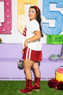 Red Full Sequin Short with White Side Stripe Short