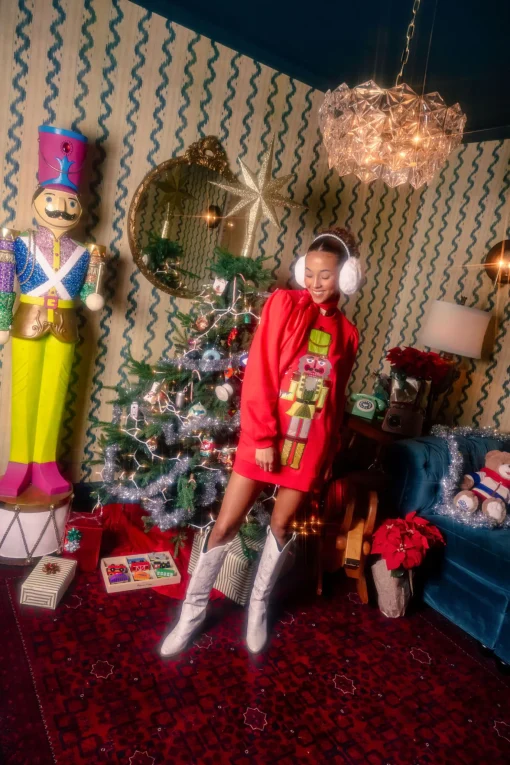Red Martini Nutcracker Poof Sleeve Sweatshirt Dress