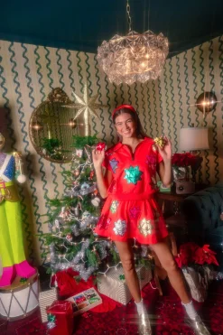 Red Metallic Present Bows Skort