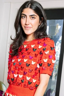 Red Multi Butterfly Pailette Top