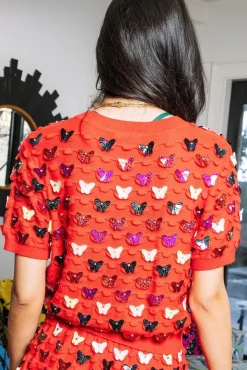 Red Multi Butterfly Pailette Top