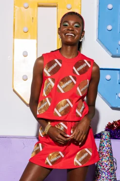 Red Scattered Sequin & Rhinestone Football Tank