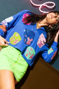 Royal Blue Multi Chinese Box Collar Sweatshirt