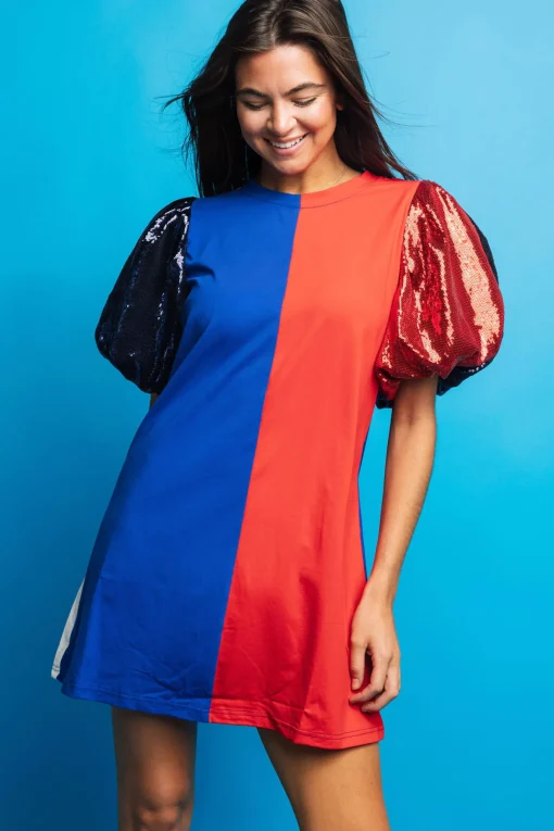 Royal Blue, Red & White Colorblock Sequin Sleeve Dress