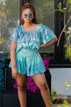 Sky Blue Iridescent Flutter Top