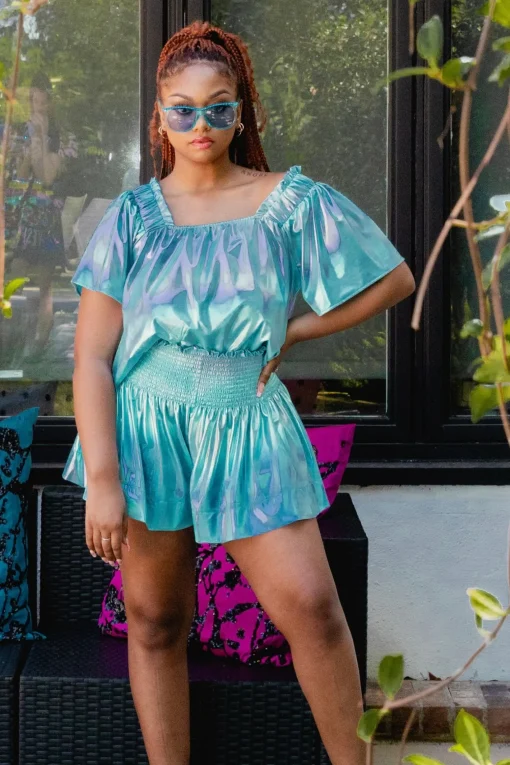 Sky Blue Iridescent Flutter Top