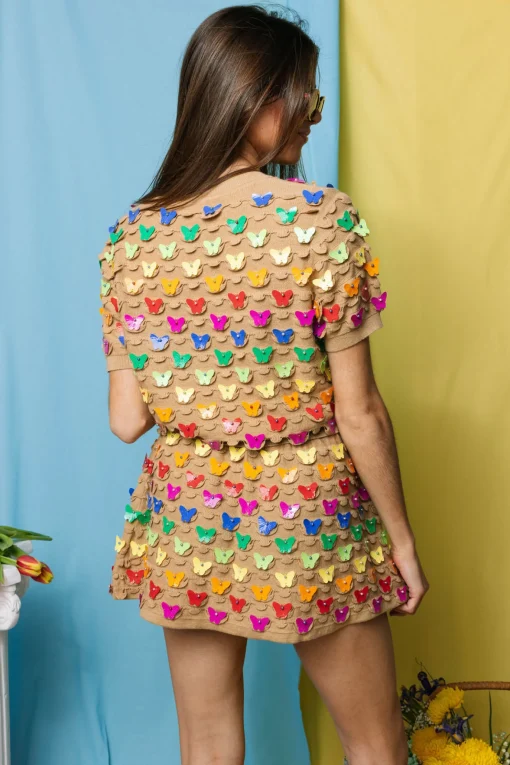 Tan & Rainbow Butterfly Pailette Top