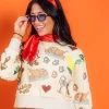 Tan Scattered Needlepoint Turkey Dinner Cropped Sweatshirt