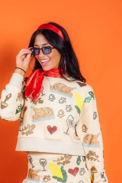 Tan Scattered Needlepoint Turkey Dinner Cropped Sweatshirt
