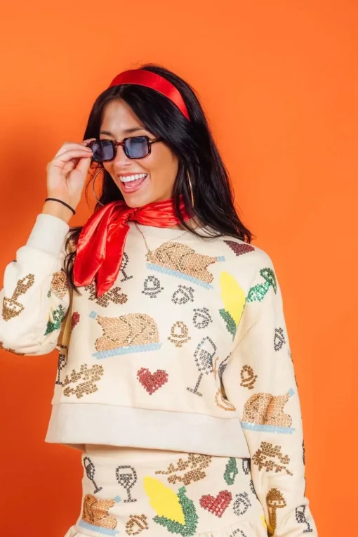 Tan Scattered Needlepoint Turkey Dinner Cropped Sweatshirt
