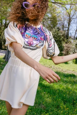 Tan Tiger Face Poof Sleeve Dress