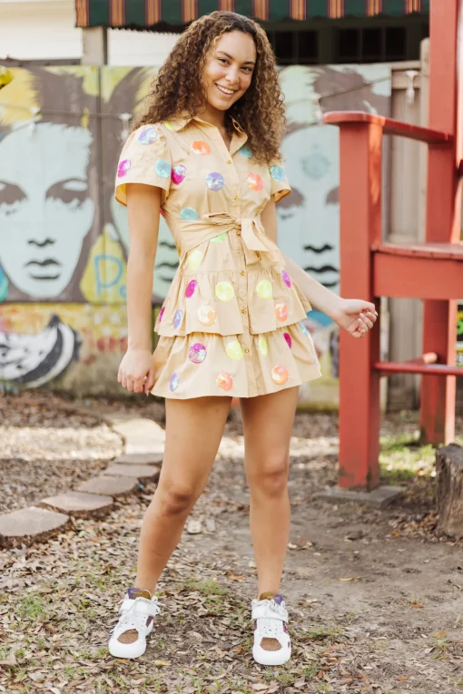 Tan Waist Tie Polka Dot Ruffle Dress