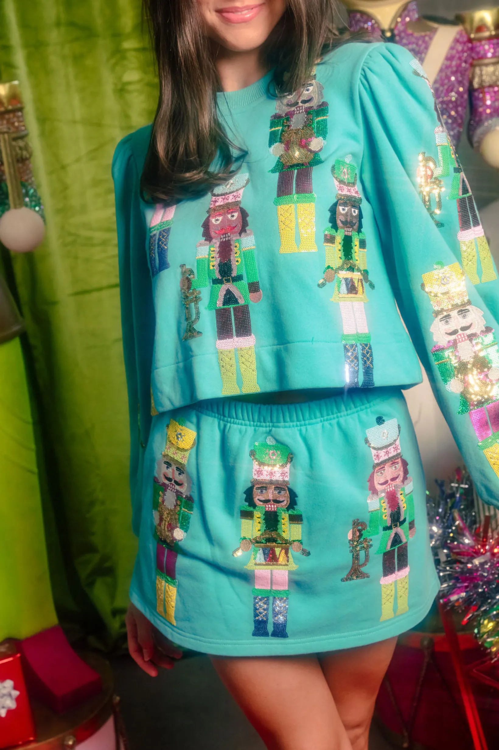 Teal Nutcracker Band Poof Sleeve Sweatshirt
